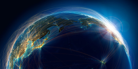 Wall Mural - planet earth with detailed relief is covered with a complex luminous network of air routes based on 
