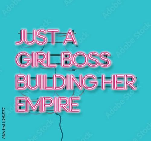 Fotografía Just a girl boss building her empire pink neon signon blue background