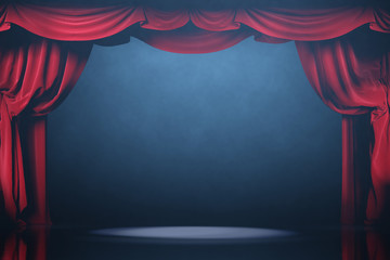 Wall Mural - theater curtains and stage with volume light and smoke.