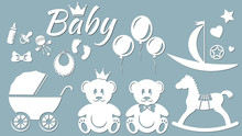 Set Template For Laser Cutting And Plotter. Vector Illustration. Bear, Stroller, Toy, Horse, Boat, Ball, Footprints, Baby, Ball, Crown, Baby, Rattle, Nipple, Feeding Bottle, Bow, Heart, Star, Wheels,