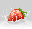 Vector 3d realistic ripe strawberry in splashing milk. Sweet food with spatter, drops in white liquid on gray background. Natural summer fruit. Mock up, template for package design or ad poster