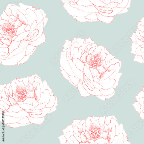 Cotton fabric Seamless hand drawn floral pattern for textile, fabric, paper, wallpaper. Peony flowers on the blue background.