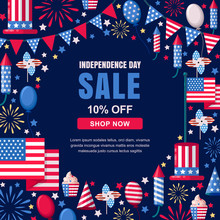 USA Independence Day Sale Vector Banner Template. Holiday Navy Frame Background. 4 Of July Celebration Concept.