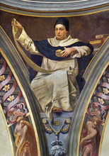REGGIO EMILIA, ITALY - APRIL 12, 2018: The Fresco Of Saint Thomas Of Aquinas In Cupola Of Church Basilica Di San Prospero By  C. Manicardi, G. Ferrari And A. Lugli (1884-1885).