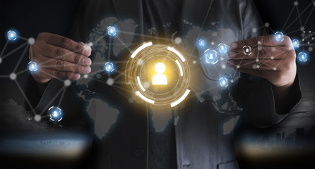 Poster - Businessman touching network  data  people international networking communication customer