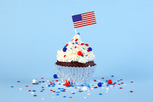 4th Of July Cupcake With Flag And Sprinkles