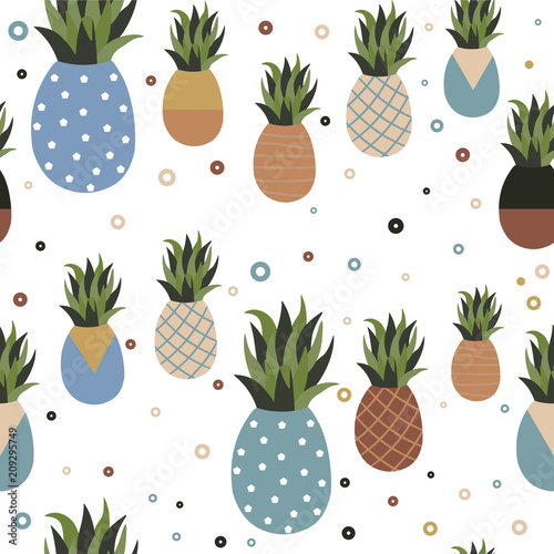 Leinwand Poster Retro pineapple fruit seamless pattern background