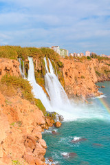 Wall Mural - Colorful amazing Duden waterfall with rainbow - Antalya, Turkey