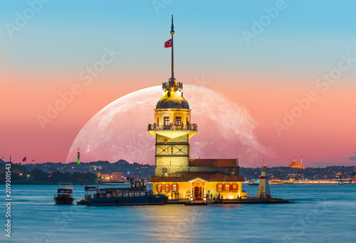 Istanbul Maiden Tower with super moon (kiz kulesi) Elements of this image furni Canvas Print