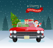 Merry Christmas Stylized Typography. Vintage Red Cabriolet With Santa Claus, Christmas Tree And Gift Boxes. Vector Flat Style Illustration