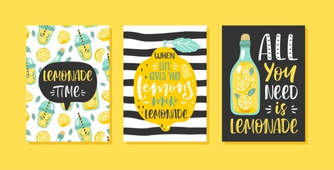 Set of 3 hand drawn cards. Motivation poster with modern calligraphy, lemons, lemonade and handwritten lettering.