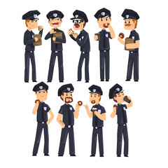 Wall Mural - Police officers in blue uniform drinking coffee and eating donuts, policemen cartoon characters set vector Illustration