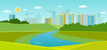 Summer Landscape With Forest And River. Cityscape Panoramic. Vector Flat Style Illustration