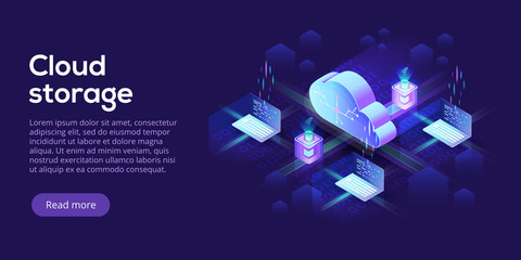 Wall Mural - Cloud computing or storage isometric vector illustration. 3d hosting servers or datacenter background. IT network or mainframe infrastructure website header layout. Computer system or workstation.