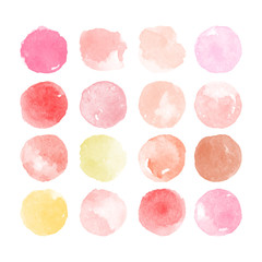 Set of colorful watercolor hand painted round shapes, stains, circles, blobs isolated on white. Elements for artistic design