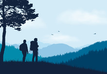 Two Tourists With Backpacks Standing In Mountain Landscape With Forest, Under Blue Sky With Clouds And Flying Birds