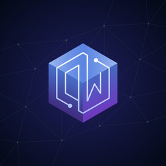 Initial letter DW, OW, block chain, looping mono line circuit letter on hexagon cube logo, blue magenta gradient color on black blue network background