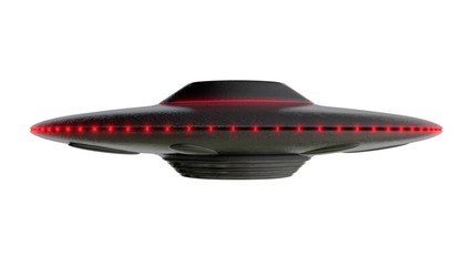 Wall Mural - ufo - flying saucer shape, red lights around the outside, reflective metal body with realistic shade