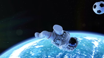 Wall Mural - astronaut performs bicycle kick in outer space. beautiful abstract epic 3d animation. 4k