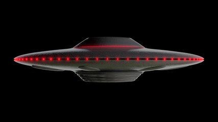 Wall Mural - ufo - flying saucer shape, red lights around the outside, reflective metal body with realistic shade