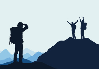 Wall Mural - two successful tourists and one loser in mountain landscape