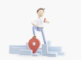 Wall Mural - 3d illustration. Businessman Jimmy stand on gps icon.