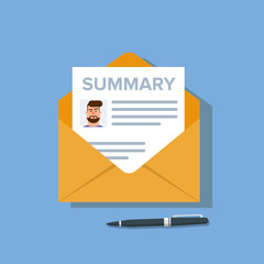 Poster - Completed resume with an avatar and brief information in the mail envelope. a document to find a job or an employee. Concept how to find work.