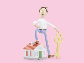 3d illustration. Businessman Jimmy with house and key