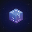 Initial letter JM, block chain, looping mono line circuit letter on hexagon cube logo, blue magenta gradient color on black blue network background