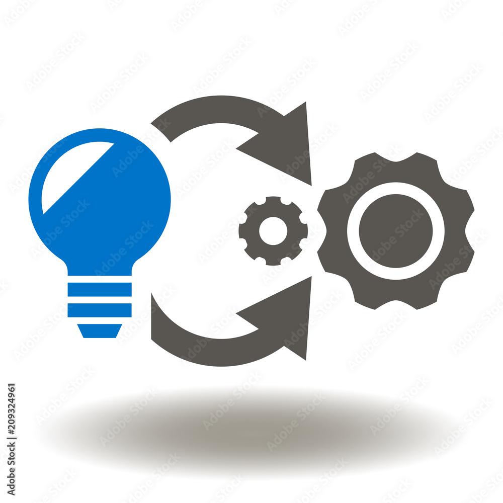 Implementation Icon Vector. Lamp Cogwheel Circle Arrows Symbol. Process Progress Development Logo. Idea to Product Sign.
