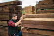 Lumber yard worker, carpenter at wood yard counts inventory with mobile device
