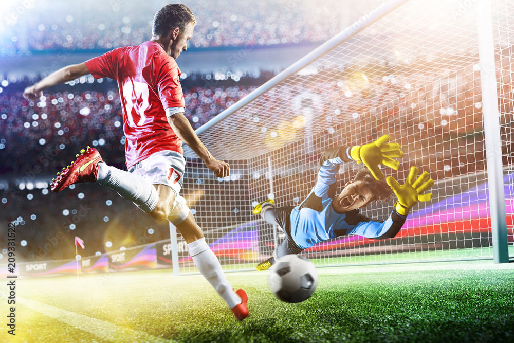 Goalkeeper catches the ball on the soccer stadium - obrazy, fototapety, plakaty 