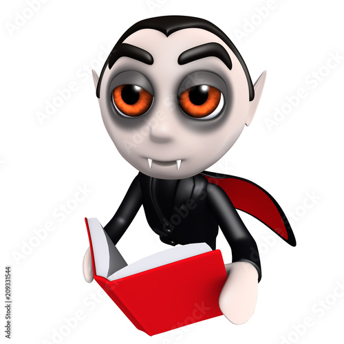3d Funny cartoon dracula vampire character reading a book while flying Poster