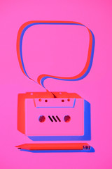 Wall Mural - toned pink picture of pencil and retro audio cassette with speech bubble