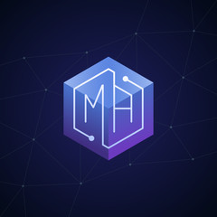 Initial letter MA, block chain, looping mono line circuit letter on hexagon cube logo, blue magenta gradient color on black blue network background