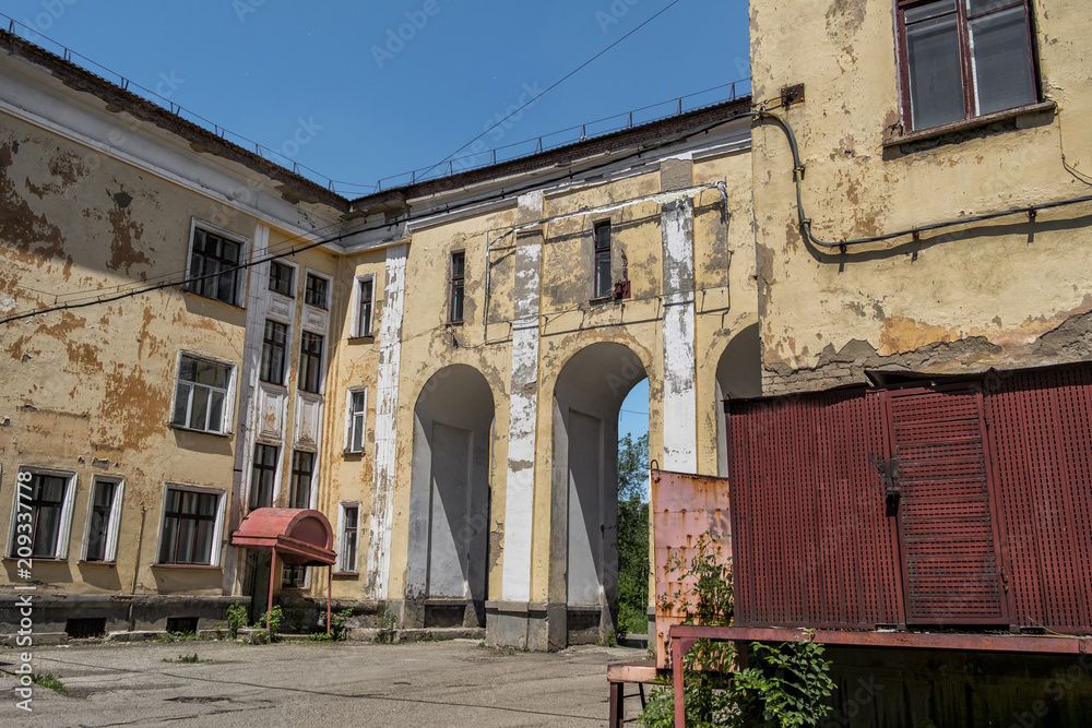 Old abandoned hospital. Medical complex. Old architecture ...