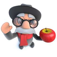 Canvas Print - 3d Funny cartoon old man holding a juicy red apple