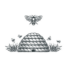 Beehive And Bees.Hand Drawn Engraving Style Illustrations.