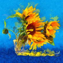 Sunflower Flower In Small Clear Glass Isolated On Blue, Digital Painting. Imitation Of The Style Of Van Gogh