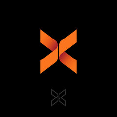 Poster - X letter like butterfly. Origami emblem. X origami logo, like orange ribbon. Two elements make up the X letter. Contour option.