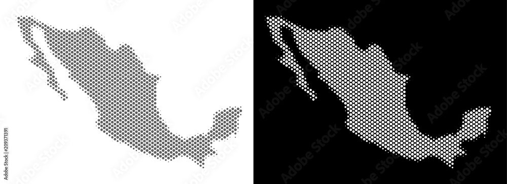 Halftone round pixel Mexico map. Vector territory maps in grey and ...