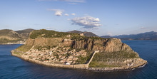 Aerial View Of The Ancient Hillside Town Of Monemvasia Located In The Southeastern Part Of The Peloponnese Peninsula