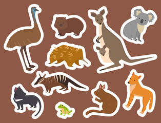 Wall Mural - Australia wild animals cartoon popular nature characters flat style mammal collection vector illustration.