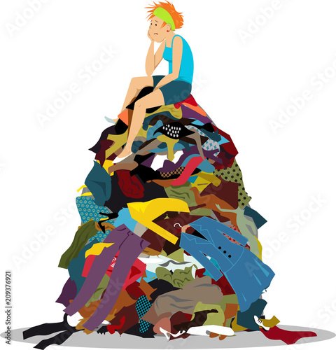 Fotomural Sad woman sitting on a big pile of useless clothes having nothing to wear, EPS 8