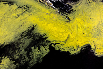Wall Mural - yellow abstract fluid acrylic painting on black canvas