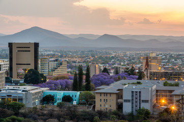 skyline of windhoek city at sunset