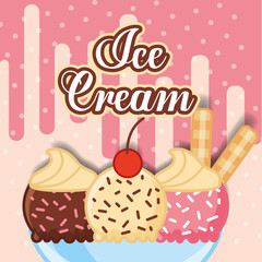 glass bowl with three scoops ice cream cherry and wafer vector illustration