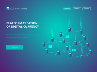 Poster - Cryptocurrency and blockchain. Platform creation of digital currency. Header for Website. Business, analytics and management.