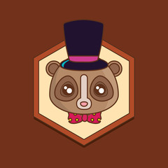 decorative frame with cute spectacled bear with top hat over brown background, colorful line design. vector illustration