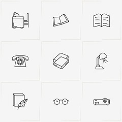 Library line icon set with books, spectacle and book